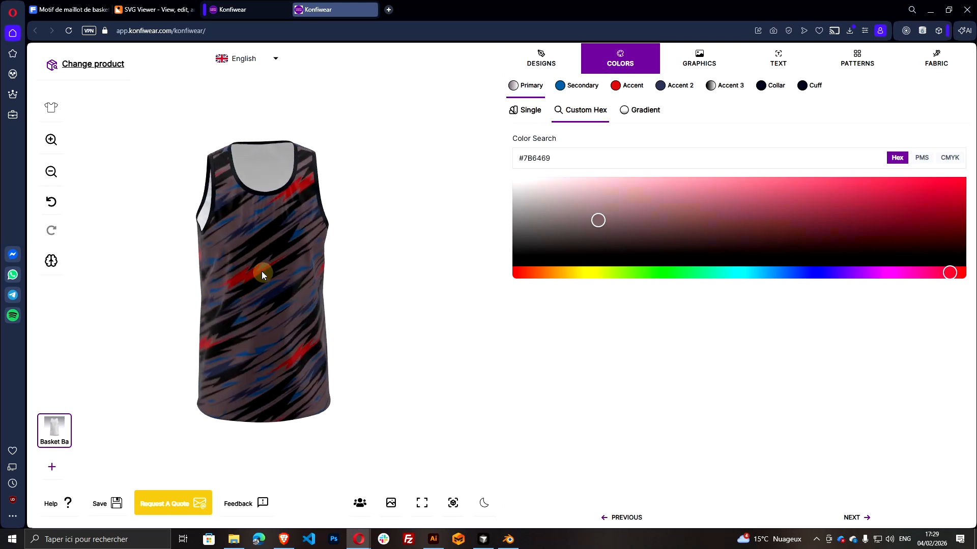 Konfiwear 3D Customizer showing basketball jersey with live color controls for primary, secondary, and accent layers